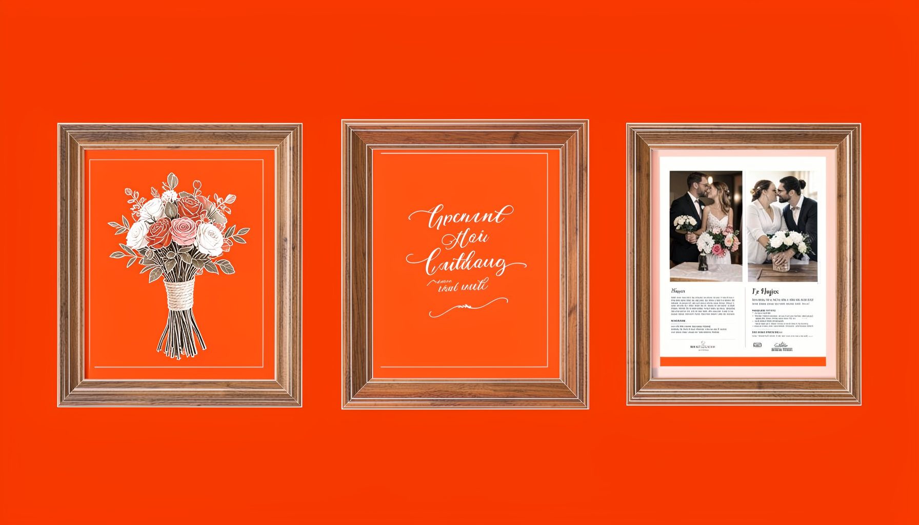 A gallery wall arrangement of three framed wedding keepsakes in varied wood-tone frames — one holding a pressed bouquet, one with a calligraphed invitation, and one with a photo and program side by side